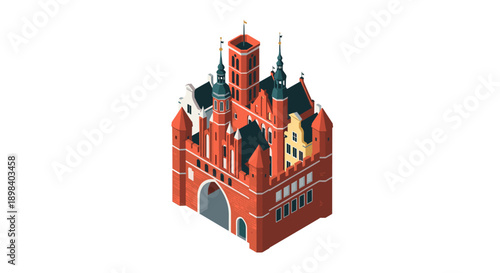 Isometric medieval castle architecture with red brick towers and flags on white background