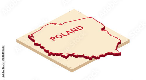 Isometric 3d map of poland with country name in bold red text