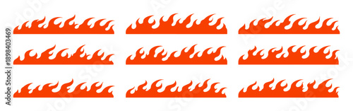 Set of nine orange flame vector decals for car tuning, racing, and hot rod styling. Graphic fire borders isolated on white background.