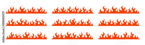 Set of nine orange flame vector decals for car tuning, racing, and hot rod styling. Graphic fire borders isolated on white background.