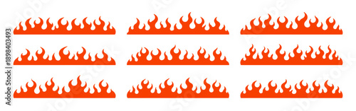 Set of nine orange flame vector decals for car tuning, racing, and hot rod styling. Graphic fire borders isolated on white background.