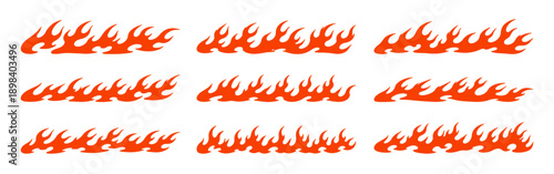 Set of nine orange flame vector decals for car tuning, racing, and hot rod styling. Graphic fire borders isolated on white background.
