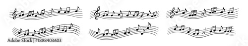 Set of wavy musical staff lines with black notes and treble clefs. Elegant musical notation elements for creative design projects.