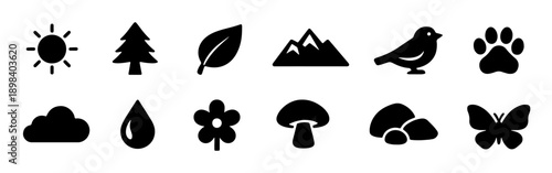 Set of 12 minimalist nature icons including sun, tree, leaf, mountains, bird, paw print, cloud, water drop, flower, mushroom, rock, and butterfly.