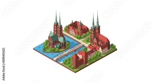 Isometric medieval town with riverside and cathedral