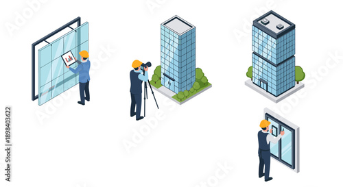 Urban construction concept with modern high-rise buildings and engineers in isometric design