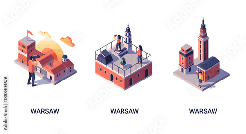 Isometric city scene with iconic warsaw landmarks and people interacting