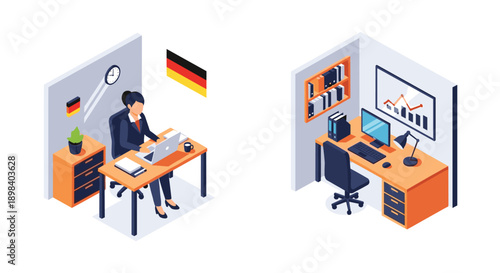 Isometric office scene with german flag: remote work and analysis
