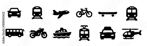 A versatile set of 12 minimalist black transportation icons featuring land, air, and sea vehicles, perfect for travel and navigation designs.