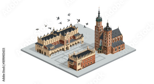 Isometric architectural landmark with historical buildings and birds in motion
