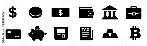 Professional set of minimalist money and banking icons featuring currency symbols, gold bars, tax forms, and a piggy bank.