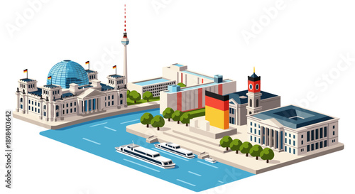 Isometric berlin cityscape with iconic buildings and river spree