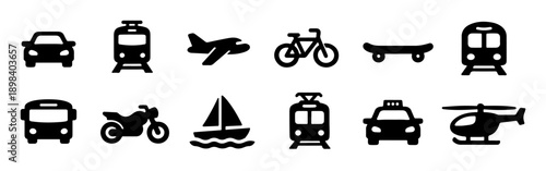 A versatile set of 12 minimalist black transportation icons featuring land, air, and sea vehicles, perfect for travel and navigation designs.
