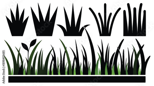 Vector illustration of flat design green grass elements, featuring various blades, tufts, and borders suitable for natural landscape and garden graphics