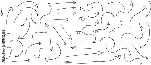 A chaotic arrangement of hand drawn black arrows pointing in various directions across a plain white background illustrating movement high quality professional detailed