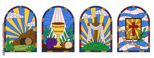 Easter concept stained glass windows. Colored art glass mosaics with empty tomb, wooden cross, bible and cup of vine isolated vector illustrations set. Perfect for Easter cards, invitations, banners d