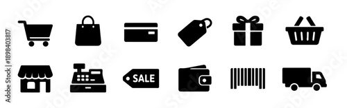 Set of 12 minimalist shopping and e-commerce icons including cart, bag, credit card, gift, and delivery truck. Perfect for retail apps and websites.