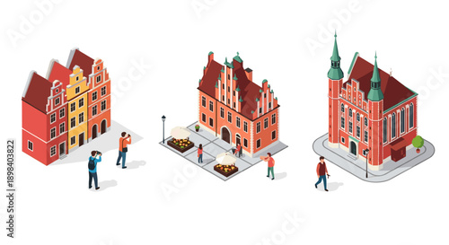 Isometric european cityscape with historic buildings and people exploring architecture