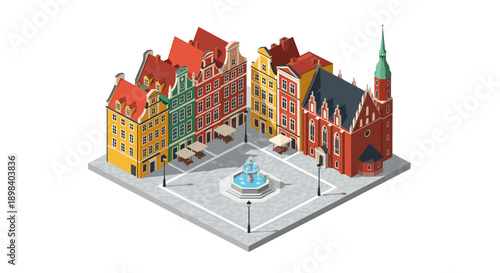 Isometric city square with colorful historic buildings and fountain