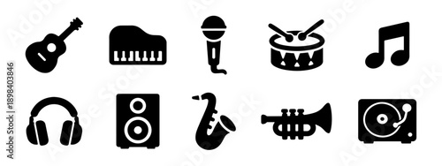 Set of 10 minimalist black music icons including guitar, piano, microphone, drums, headphones, speaker, saxophone, trumpet, and turntable.
