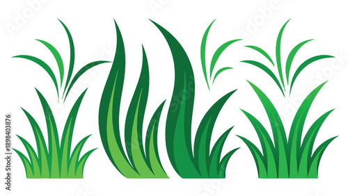 Vibrant vector set of stylized grass blades and decorative green tufts, perfect for natural design elements and organic illustrations suitable for various graphic projects