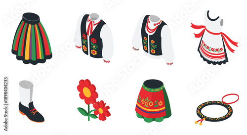 Traditional eastern european clothing and accessories in isometric style