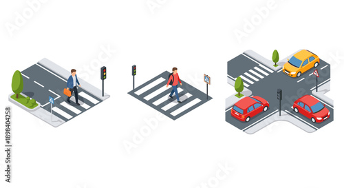 Isometric urban pedestrian crosswalk with traffic and vehicles