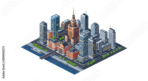 Modern urban isometric cityscape with skyscrapers and riverfront