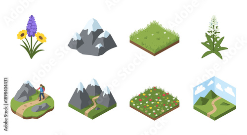 Isometric nature elements: mountains, flowers, hiking paths, and landscapes