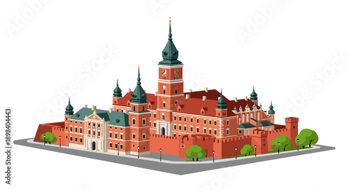Historic castle in isometric style with green towers and red walls