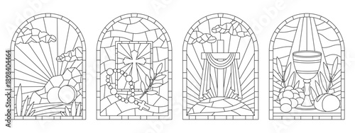 Easter concept stained glass windows. Line art glass mosaics with empty tomb, cross, bible and cup of vine vector illustrations set. Perfect for Easter cards, banners design. Religious coloring page