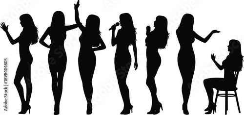 Seven silhouettes of women in dresses and heels in different poses on a white background Keywords: women, female, silhouette
