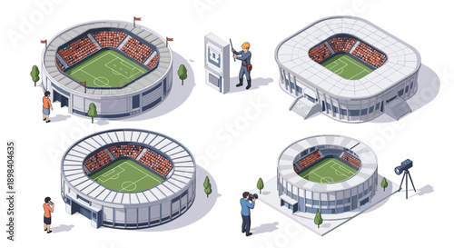 Diverse football stadium designs in isometric style