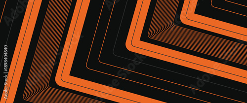 Black abstract wide horizontal banner with orange and gray lines, arrows and angles. Dark modern sporty bright futuristic abstract background. Wide vector illustration.