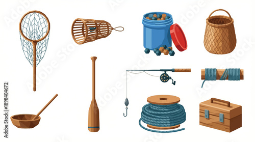 collection of fishing gear and accessories on white