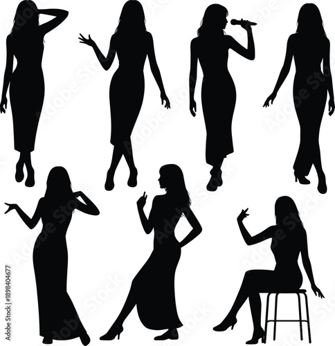 Seven silhouettes of women in elegant dresses and poses on a white background Keywords: women, female, silhouette, elegant