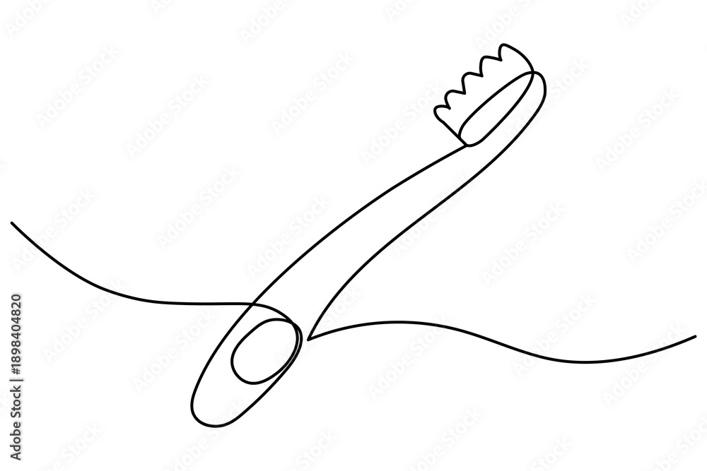 Obraz premium A minimalist continuous one line drawing of a toothbrush on a white background, perfect for dental health and oral hygiene design concepts in a modern vector style.