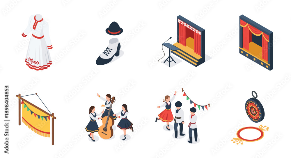 Fototapeta premium Traditional folk fest elements set with isometric musical instruments and dance costumes