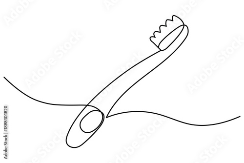 A minimalist continuous one line drawing of a toothbrush on a white background, perfect for dental health and oral hygiene design concepts in a modern vector style.