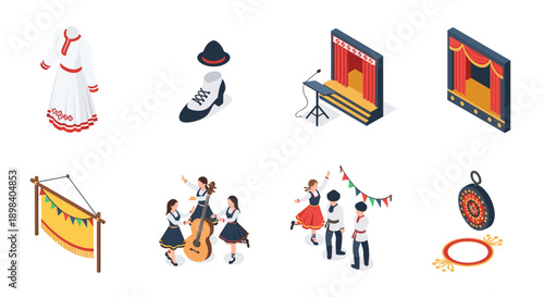 Traditional folk fest elements set with isometric musical instruments and dance costumes