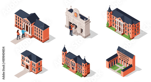 Isometric university campus buildings featuring clock tower and historical architecture styles