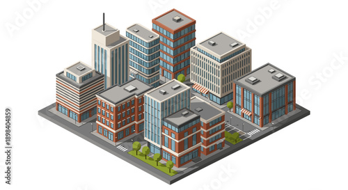Modern cityscape in isometric style with high-rise buildings and urban landscape