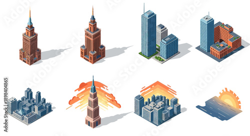 Isometric cityscape buildings and urban sunrise icons featuring skyscrapers and modern architecture