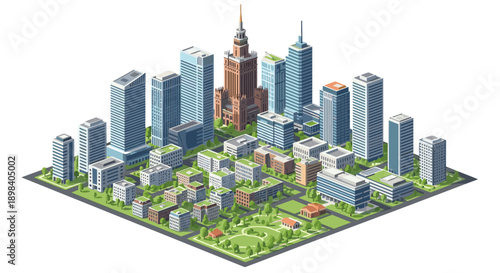 Modern isometric cityscape with skyscrapers and park