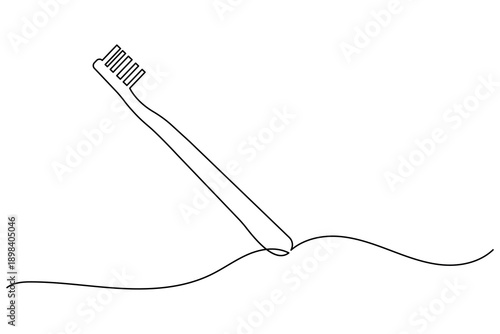 A minimalist continuous one line drawing of a toothbrush on a white background, perfect for dental health and oral hygiene design concepts in a modern vector style.