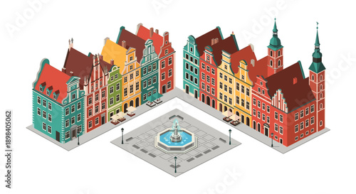 Charming european town square with colorful buildings in isometric style