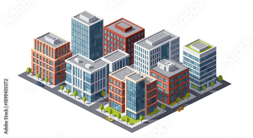 Modern urban architecture in isometric style featuring city skyline and streets