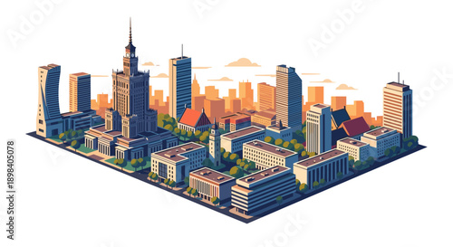 Modern isometric cityscape with iconic tower and urban skyline at sunset