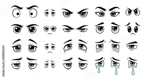 cartoon eye expression collection, emotional anime eyes set, sad angry happy facial emotion vector illustration pack, isolated character design