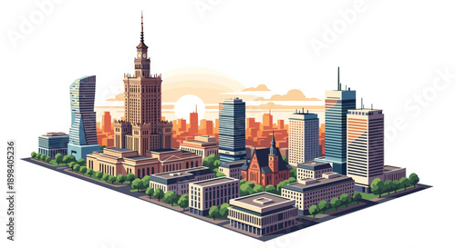 Isometric cityscape of modern and historical buildings in urban setting